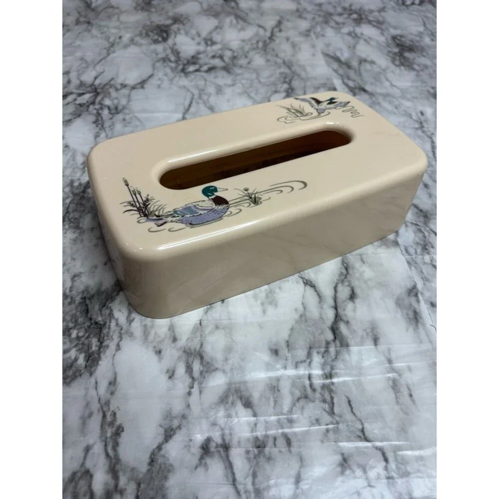 Vintage Duck Tissue Box Cover Hard Plastic Cottagecore Cream Grandmacore